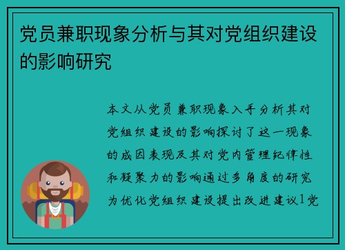 党员兼职现象分析与其对党组织建设的影响研究