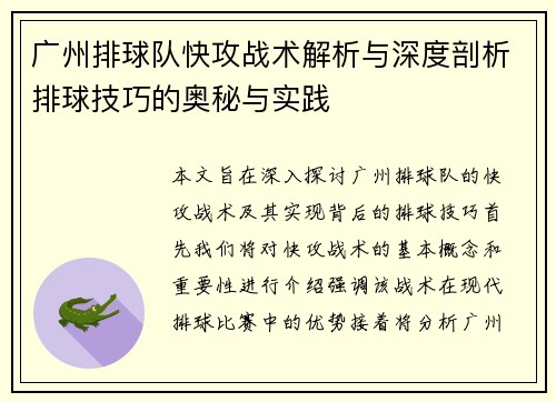 广州排球队快攻战术解析与深度剖析排球技巧的奥秘与实践