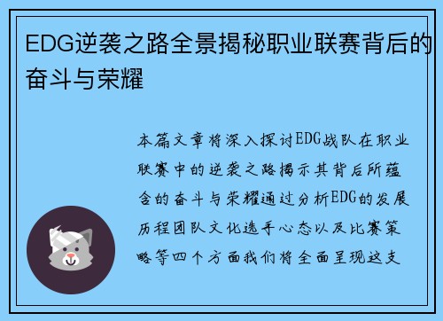 EDG逆袭之路全景揭秘职业联赛背后的奋斗与荣耀
