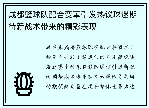 成都篮球队配合变革引发热议球迷期待新战术带来的精彩表现